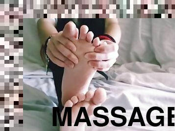 Smeared her little sweat feet massage close view oil lubricant footjob fetish pov amateur