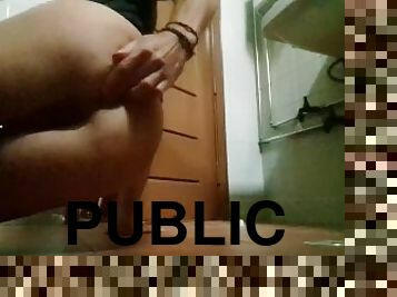 Hot guy masturbates his tight asshole in a public place - almost caught