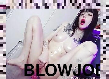 Goth girlfriend made you watch her while she pour oil on her body & fuck with dildo on a clear chair