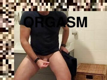 Jerking off in the bathroom with my pants around my knees. Showing ass and lots of cum.