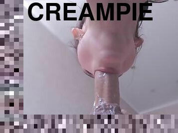 She passionately sucks cock and drools, oral creampie