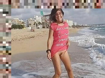 Public Flashing # Take Off Panties # Tanning Hairy Pussy at Sun Set Beach among peoples