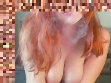 Ginger student girl smokes and teases