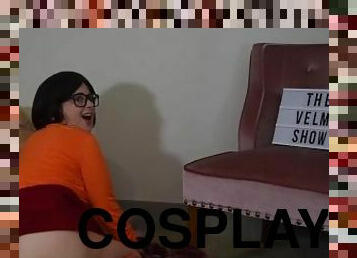 Velma cosplay masturbating with dildo butt plug and nipple clamps