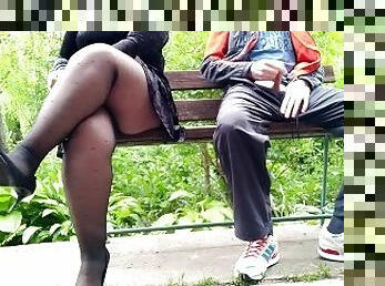 Unfamiliar MILF in pantyhose jerked off my cock in the park on a bench