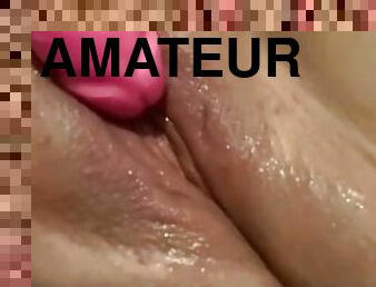 Close up pussy playing with pink dildo