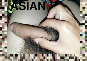 Rubbing pubic hair and cock