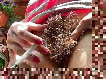 Super Hairy bush in close up Smoking fetish video outdoor upskirt