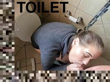 Smoking slut slowly sucking and jerking off a guy's cock while sitting on the toilet  BLUMPKIN