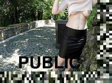 Public Flashing No Bra Boobs On Sidewalk And Piss Standing In A Skirt - Super Hot Braless