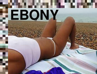 Thick Booty Ebony Beauty In A G-string Micro Bikini At A Public Beach - Pussy Slip Pov