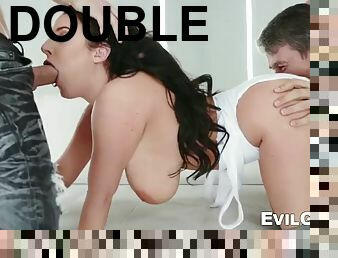 Voluptuous babe enjoys double anal in nasty gangbang