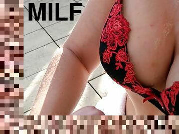 MILF jerking off her husband on the roof