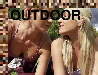 Barbie Brill and Amy Douxxx make love outdoors