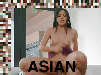 asiatisk, doggy-style, fitta-pussy, brudar, naturlig, cowgirl, brunett