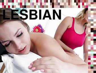 Scarlett Sage get rubbed in oil & eated out by lesbian masseuse Blair Williams