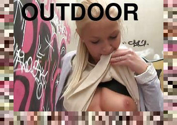 Karol Lilien flashes her tits and has outdoor sex for cash