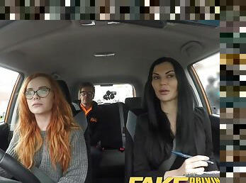 Threesome driving class with two hot babes from their teacher
