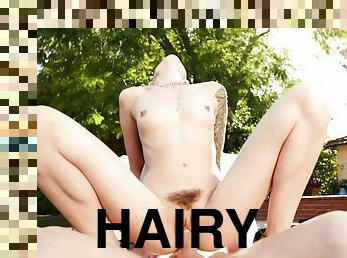 Cute hairy brunette Marley Brinx riding big dick stud outdoors