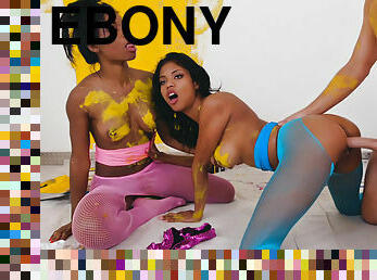 Interracial 3some with 2 ebony chicks in colorful pantyhose and a white cock