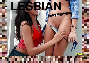 Prankish Lesbian Lifts Down Bikini Panties Of Her Girlfriend