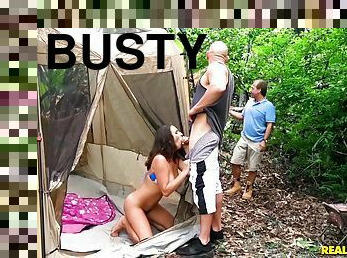 Busty hot brunette Ashley Adams enjoys hardcore fuck in camping tent