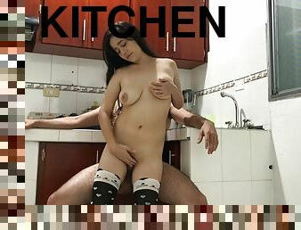 Fucking in the kitchen of my house while my stepdads are lying - Porn in Spanish