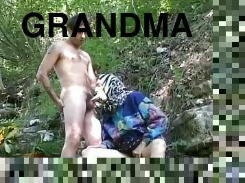 Grandma hitting in the forest