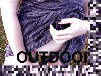 Sexy teen fucking outdoors in a cute dress - public pov