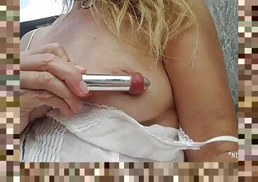 Nippleringlover - horny milf inserts 18mm vibrator in extremely stretched pierced nipples