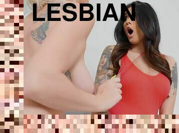 coño-pussy, lesbiana, besando, acción, afeitada, tatuaje