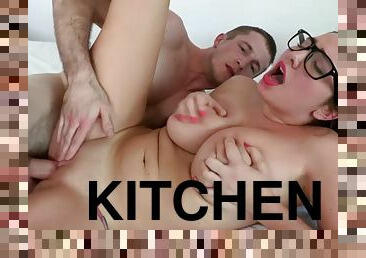 Brick Danger squeezes Karlee Grey's yummy melons in kitchen