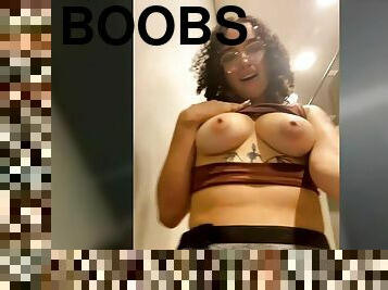 Chubby nerd girl shows her boobs