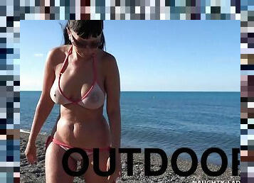 Exhibitionist Lada - Beach Bikini - Big tits flashing outdoors