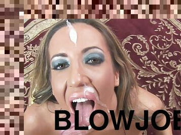 POV knee blowjob ends with massive facial cumshot - Big silicone tits