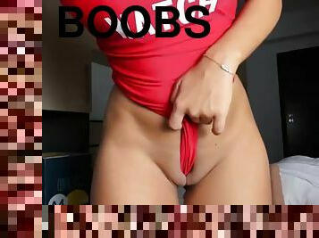 Big booty and big boobs hot chick teasing in red bikini - cameltoe