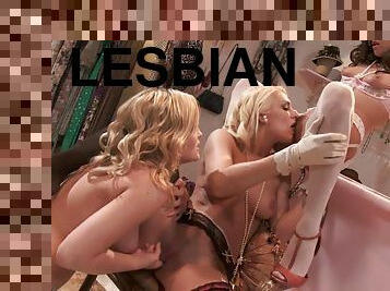Horny lesbians having dildo fuck session on the floor