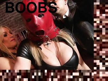 Masked submissive slut gets banged in fishnets in FFM BDSM some