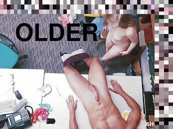 kontor, gammel, tenåring, blond, søt, riding, eldre-older, pult