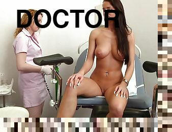 Hot-Blooded Leggy Brunette Comes To Female Gyno Doctor
