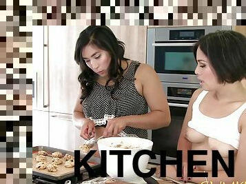 Mia Li and Mia Park cook cookies and eat pussies in kitchen