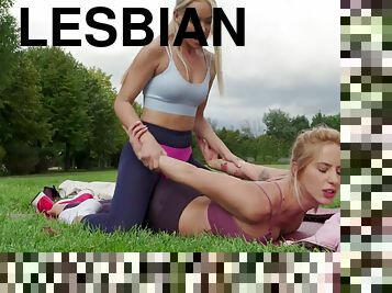 Two magnificent blonde lesbians fucking wildly outdoors