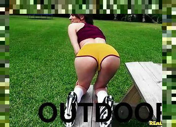 POV outdoor doggy style fuck on the bench with a young soccer chick.