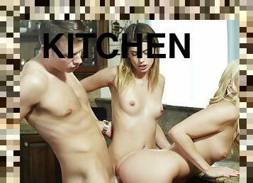 Awesome girls Aaliyah Love and Kristen Scott are fucking one guy in kitchen