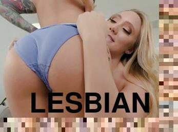 High heeled lesbian Katrina getting licked out by a girl with thick butt