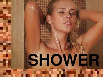 Tight teenager blond hair girl taking a nasty shower and gets wet