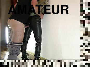 Hot passionate standing fuck in clothes, fur coat, leather leggings, leather high heels
