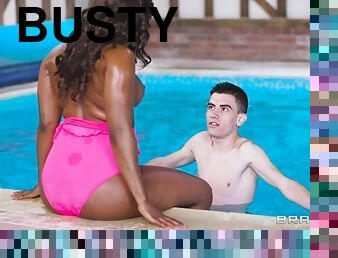 A teenager Jordi bangs busty ebony milf and a hot redhead teen by the pool