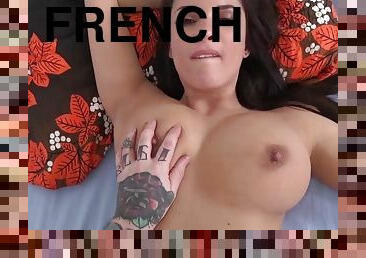 French hottie with big naturals banged by tattooed man in bed