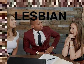 Lesbian lovers tag team a big black cock in a BGG threeway.